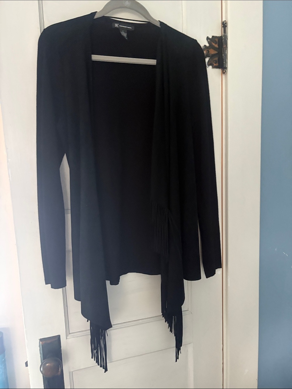 INC International Concepts Black Open-Front Fringe Cardigan